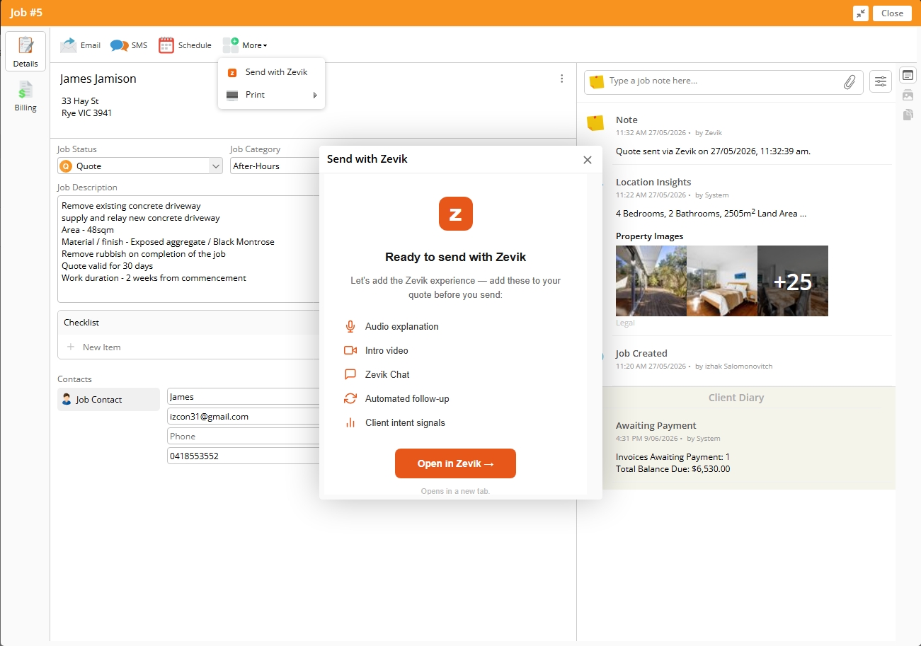ServiceM8 job with Send with Zevik modal open