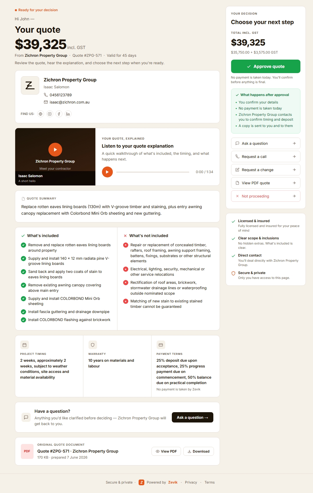Zevik client quote page