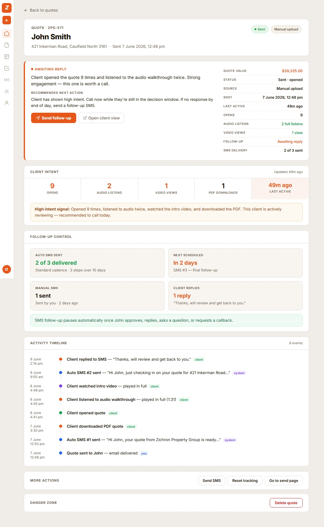 Zevik quote detail with activity timeline